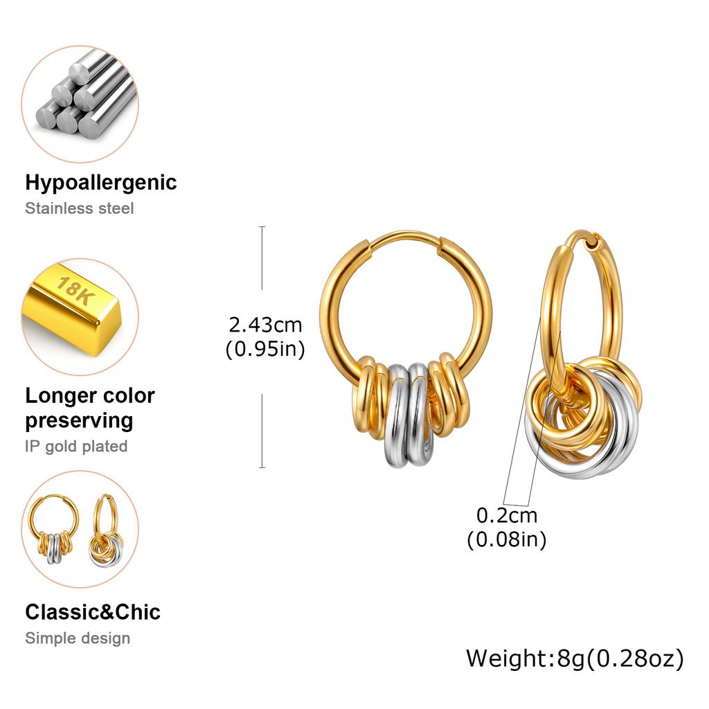 New Two Tone Circle Hoop Earring for Women, Hammered Stainless Steel Women's Mini Huggie Earrings, Gold Plated Small Hoops