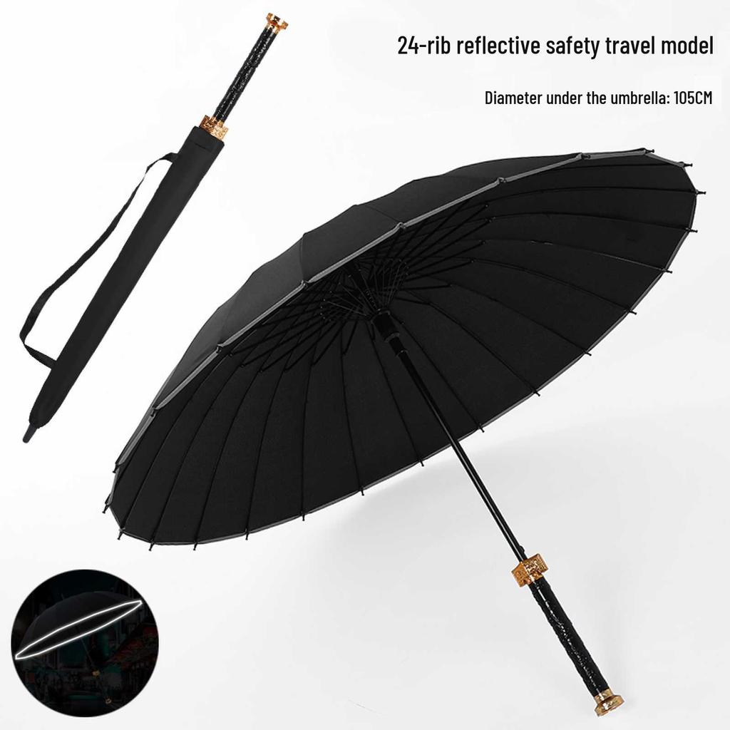 Men's Reinforced Long Handle Umbrella with Reflective Strips - Trendy Design for Sun and Rain