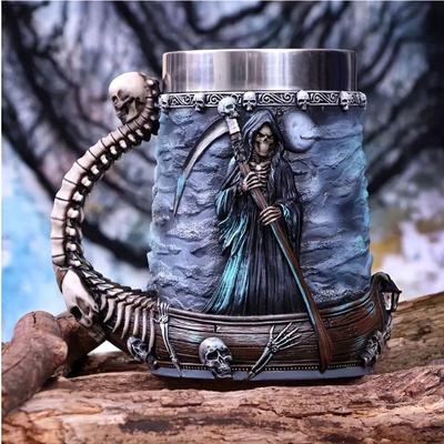 2025 New 2oz /600mlHalloween Mug Death Coffee Mug Stainless Steel Beer Cup, Skull Shaped Cup Birthday Gifts Mugs Coffee Cups