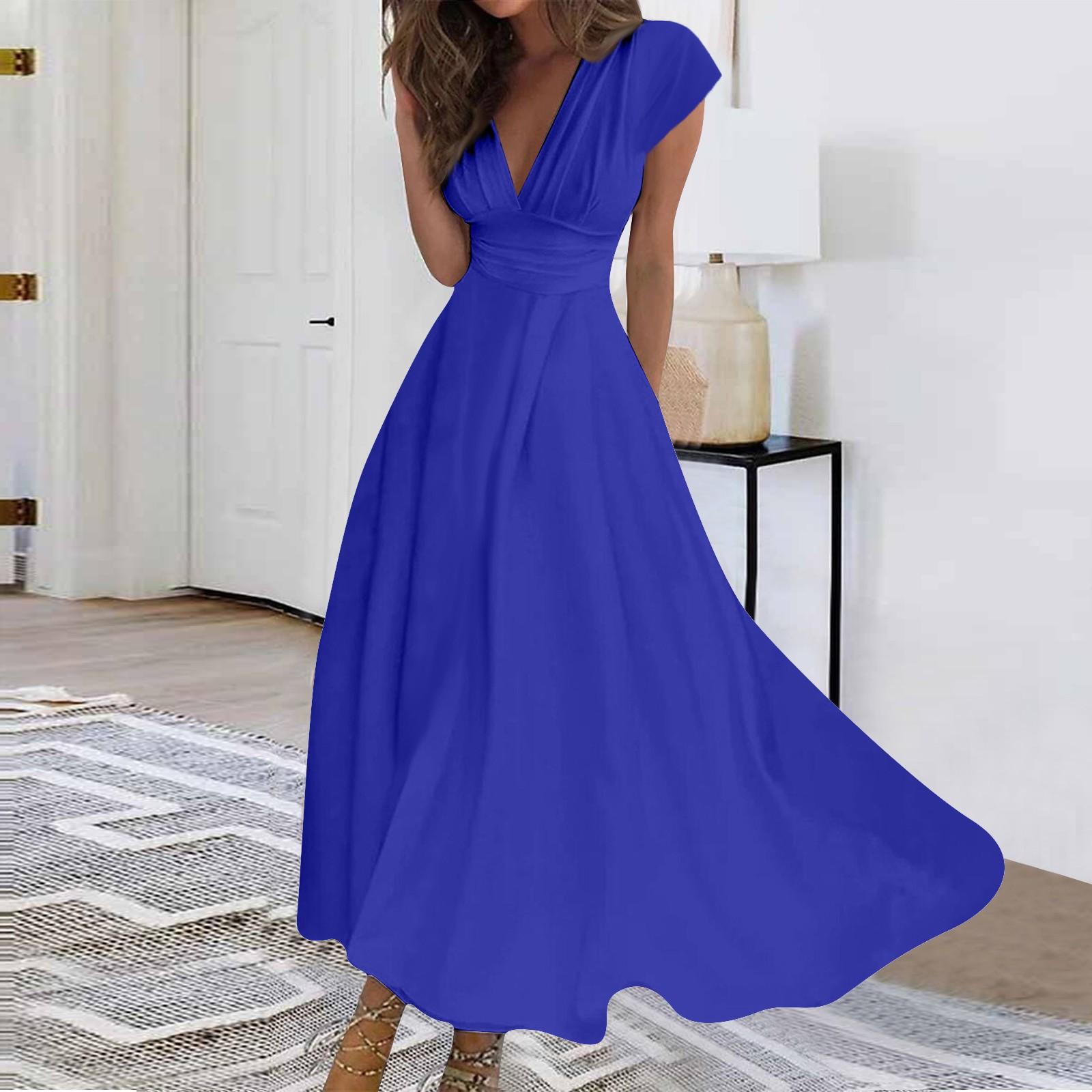 

Женское длинное платье Платье макси Повседневное платье Шифоновые платья Свободное платье Повседневное платье для взрослых на открытом воздухе Повседневное платье с рюшами и коротким рукавом с v-образным вырезом XXL синий