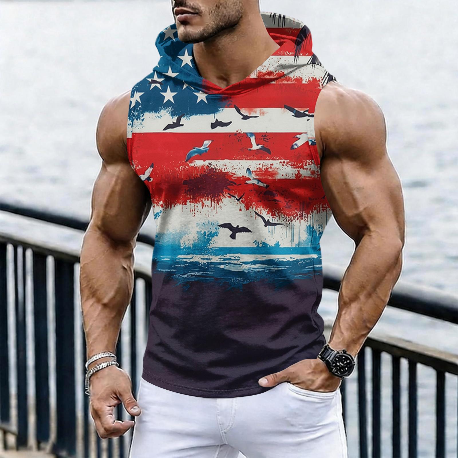 

Men s Fashion Independence Day Printed Sleeveless Hooded Tops, Patriotic Casual Summer Hooded Tank Tops XL білий