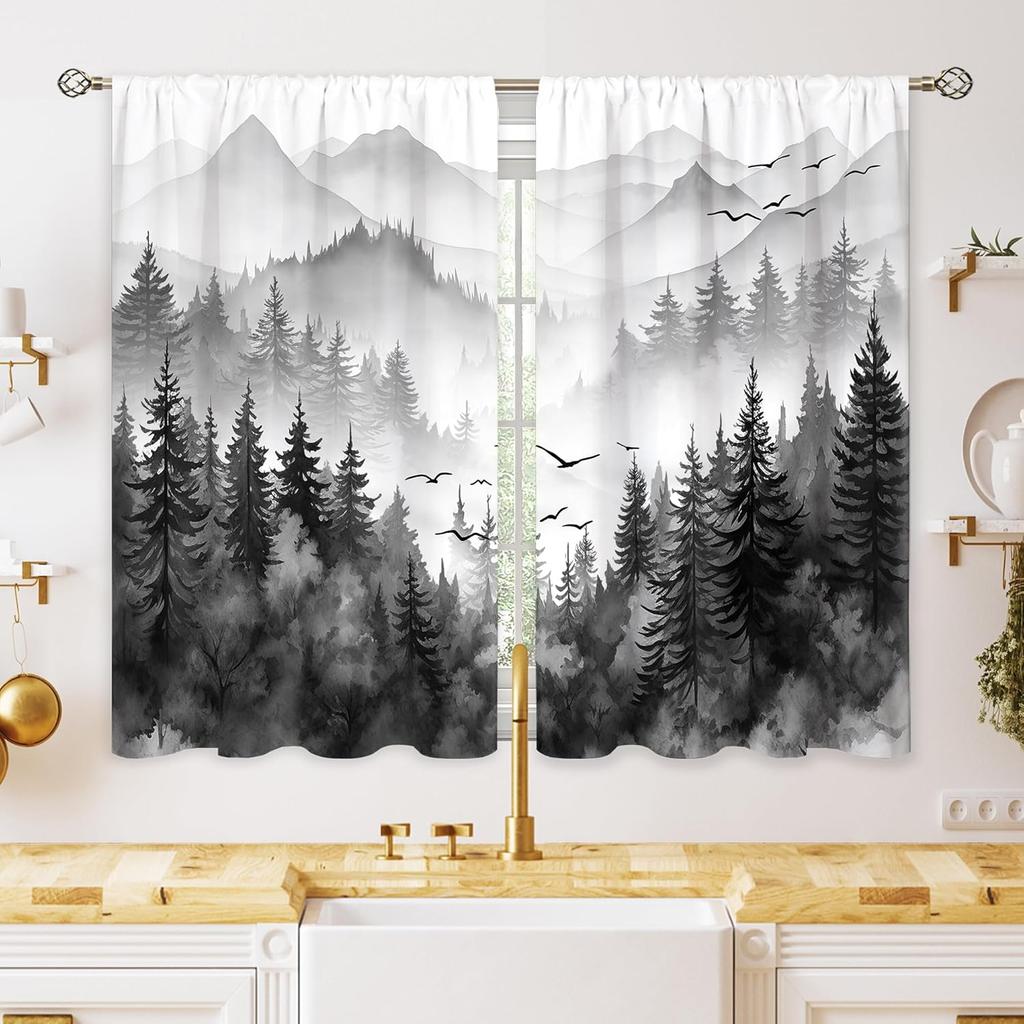 Green Boho Flower Small Kitchen Curtains Flower Plant Window Treatment Botanical Herb Chic Rod Pocket Cafe Short Window Curtains