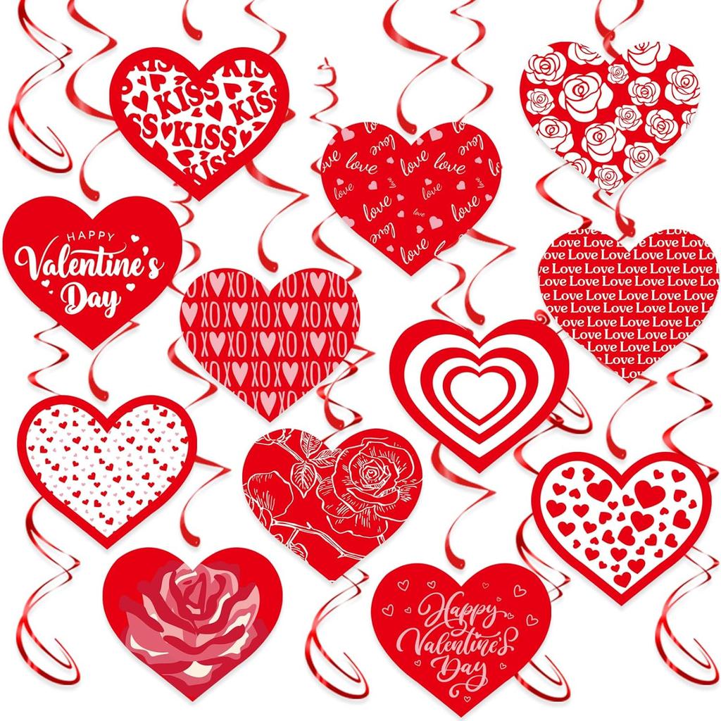 Glitter Red Hanging Heart Swirls Decorations, 40Pcs Valentine's Day Love Heart Streamers Ceiling Hanging Swirls for Romantic Galentines Anniversary