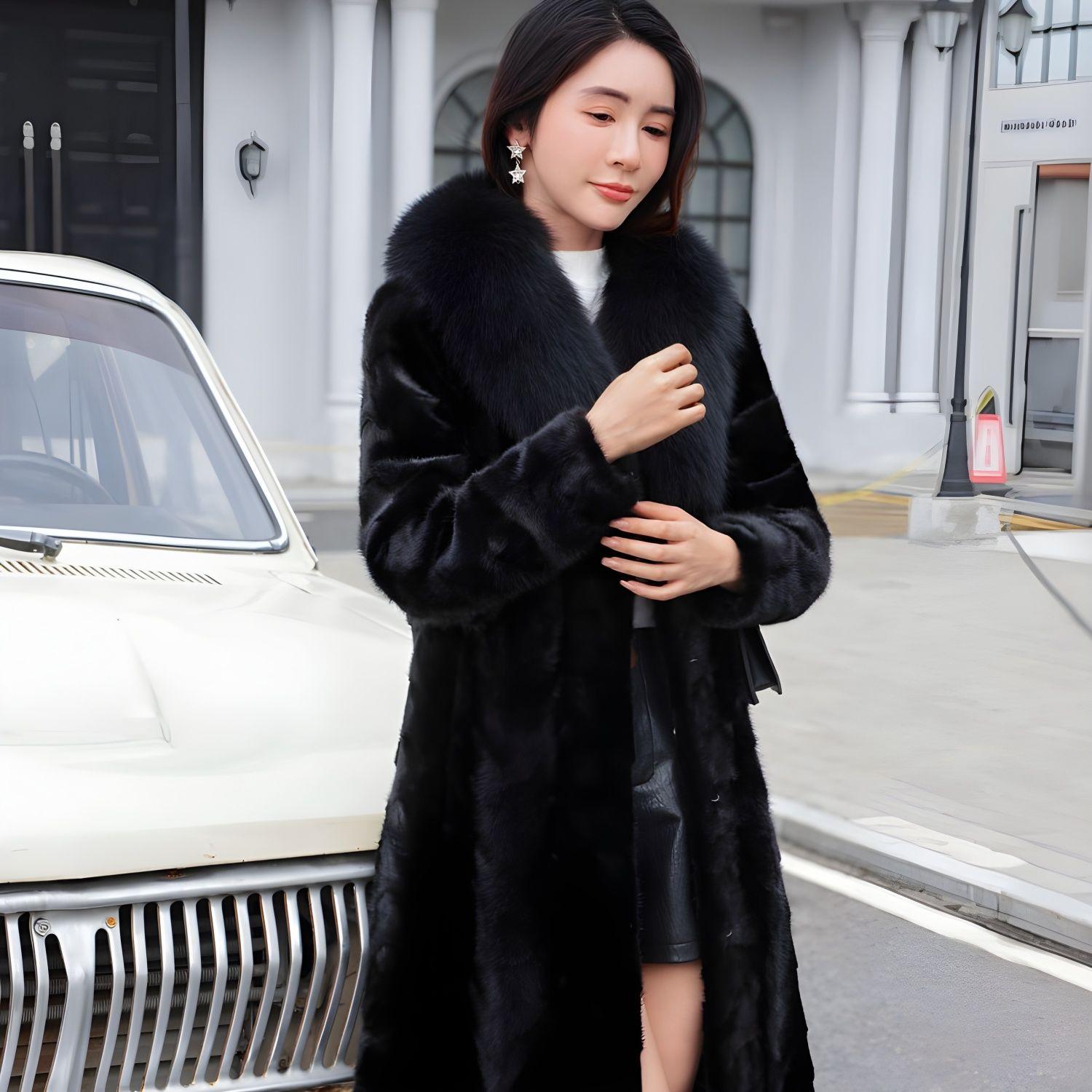 

100% Genuine Mink Fur Coat for Women Fox Fur Collar Mink Fur Coat for Women Knee-length Mink Coat Send Mom and Wife Gift XXXXL