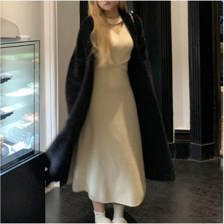 Versiune Mare Cardigan Tricotat din Lână Moale Ceroasă Imitată Mincă Toamnă și Iarnă Larg și Leneș Feng Shui Fleece de Mincă Jachetă Lungă Femei