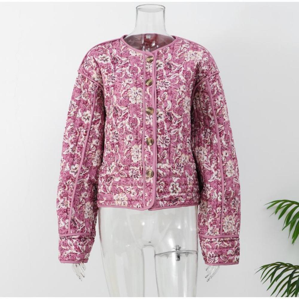VAYLA Schicke Damen Baumwolljacken mit floralem Druck Elegant Einreihig Stehkragen Lässige Mäntel Herbst Winter Damen Stepp-Oberbekleidung