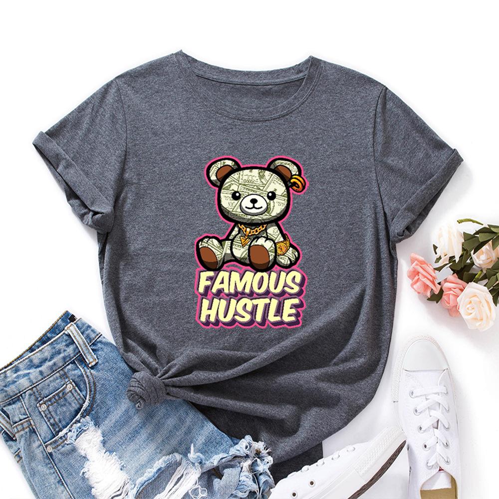 Famous Hustle Cotton T-Shirt Short Sleeve Round Neck Women 2d Print Tops