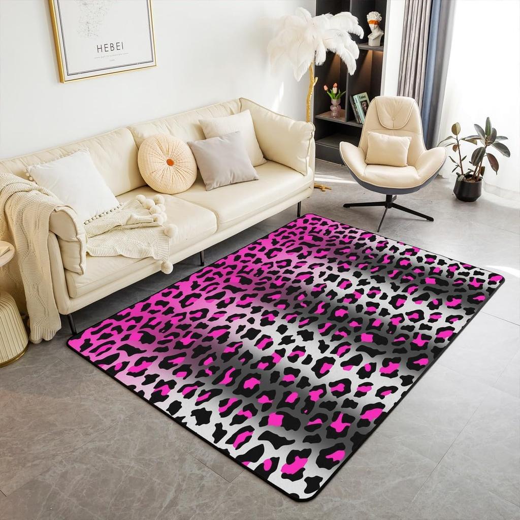 Kids Leopard Decor Carpet Area Rug Cute Pink Love Heart Living Room Rugs for Bedroom for Boys Girls Teens Modern Cheetah Indoor