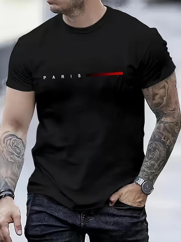 Paris letter printed mens fashionable comfortable breathable novel Tshirt new casual top round neck