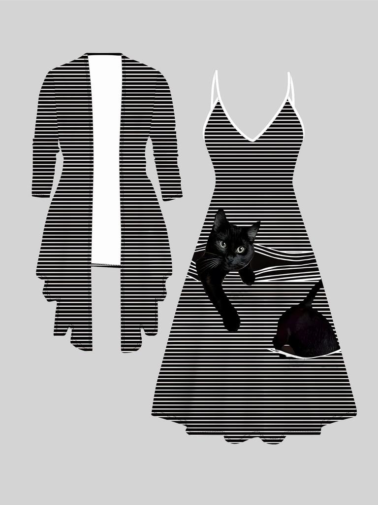 3D-Katzenmuster Aufdruck Set Kleid Mantel für Valentinstag, Exzentrisches Klassisches Totem Modeaufdruck, geeignet für Verschiedene Szenen Mode-Stile