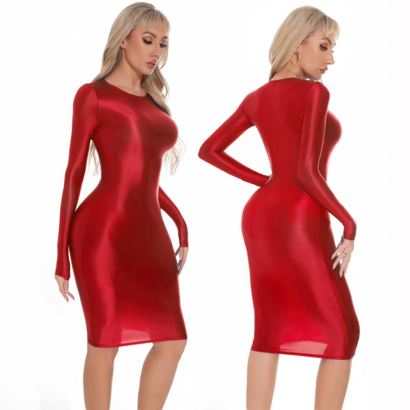 Women Sexy Bodycon Dresses Plus Size Glossy Tight Dress Professional Uniform Seductive See-Through Underwear Seamless Nightdress