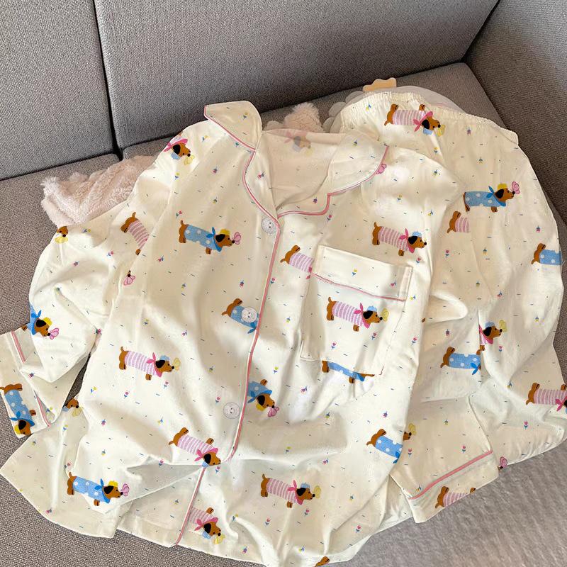 Cute Fun Dachshund Dog Style Cute Pajamas Long-Sleeved Set Women'S Loungewear Casual Two-Piece Set