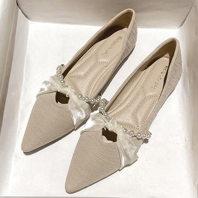 Fashion Elegant Ladies Pearl Strings Flat Shoes Silk Chiffon Ballet Flats Women Pointed Toe Stripe Cloth Work Shoes Woman Loafers Size43
