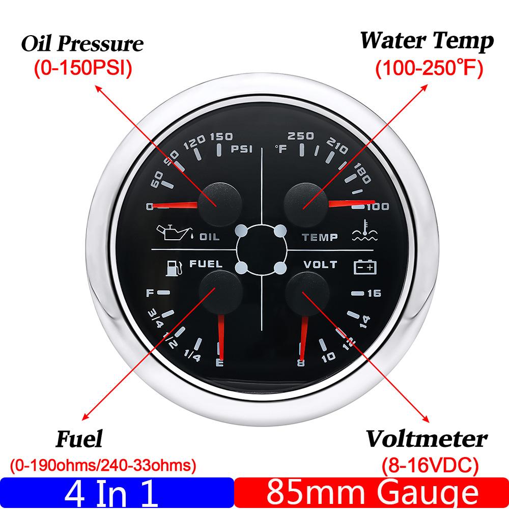 Red LED Pointer 85mm Gauge 0~10Bar Oil Pressure+Water Temp+Fuel Level Gauge+Voltmeter 0-190ohm Fuel Sensor Car Boat DC12V Custom