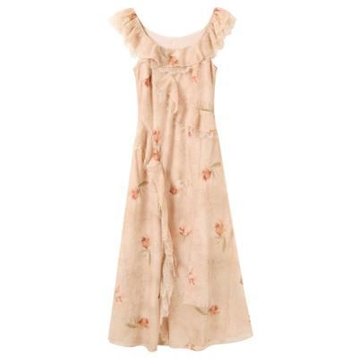 Sancai 2026 Summer Chiffon Floral Sleeveless Ruffle Long Dress