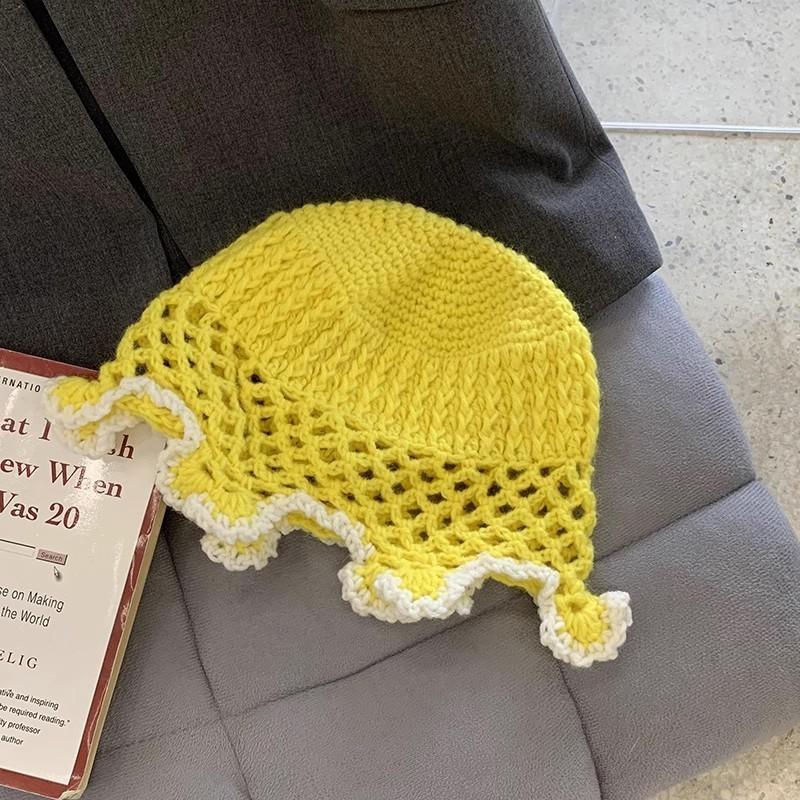 Blue Knitted Wool Cap Women Spring Korean All-match Forest Style Lace Edge Bucket Hat Fashion Big Headband Fisherman Hat