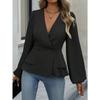 Damen einfarbiges doppelreihiges langärmliges Oberteil mit elegantem V-Ausschnitt und plissiertem Design, geeignet für Dates und Arbeit, kombiniert