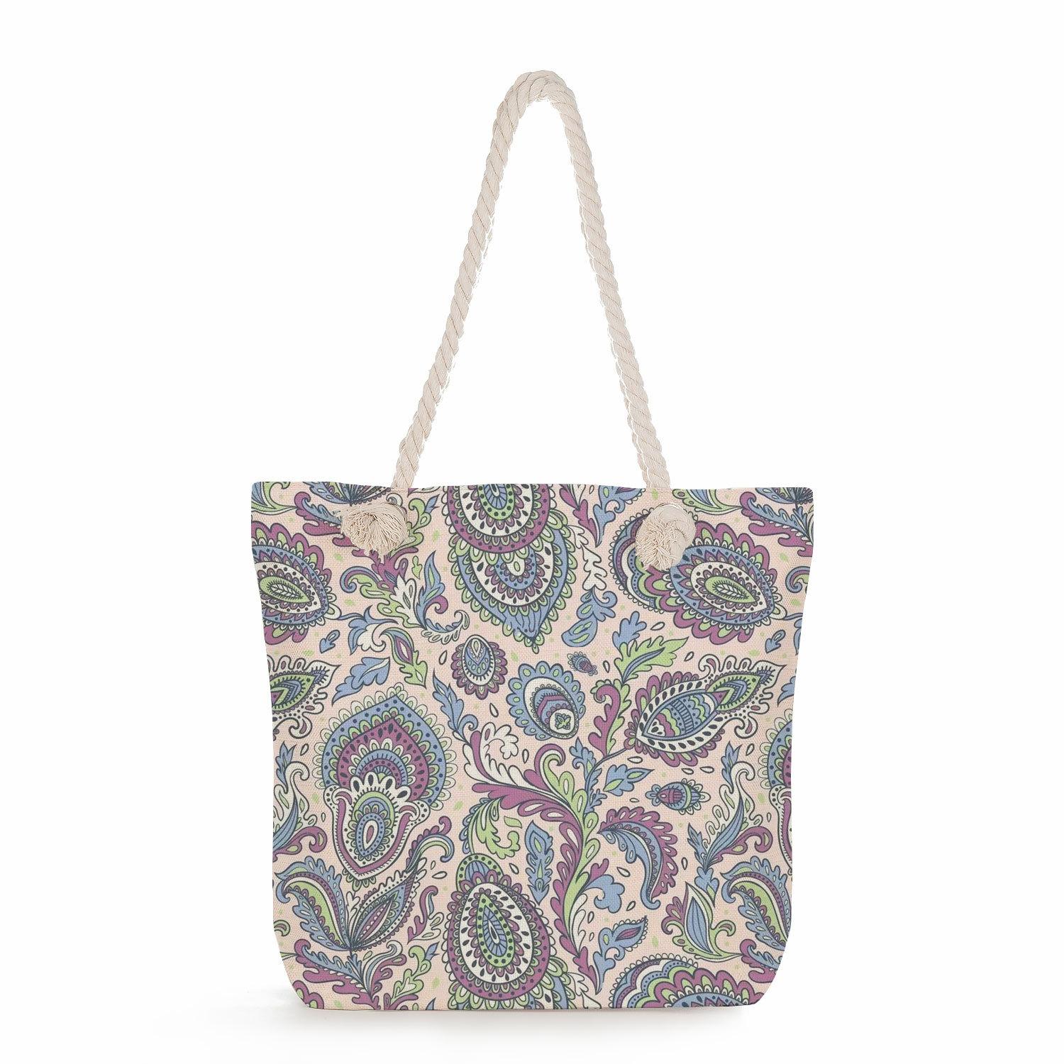 Flowers print thick rope single-shoulder beach bag 7220