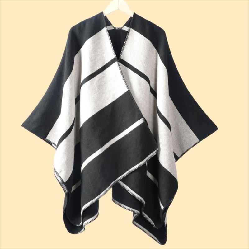 New ladies autumn and winter warm scarf shawl cape simple large horizontal strip jacquard cape office warm blanket