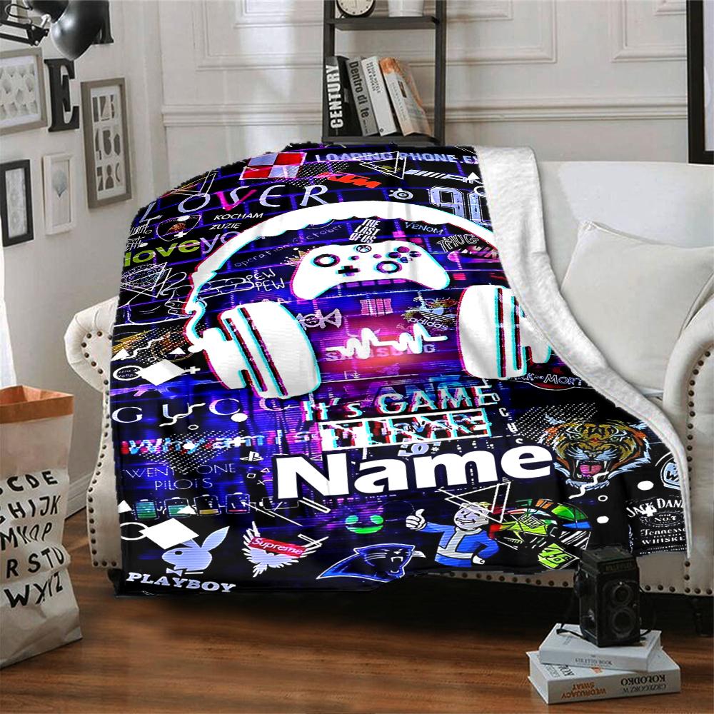 Custom Name Game Controller Theme Printed Blanket - Perfect for Couch, Bed, Travel & Outdoor Use | Machine Washable, Cozy & Durable.