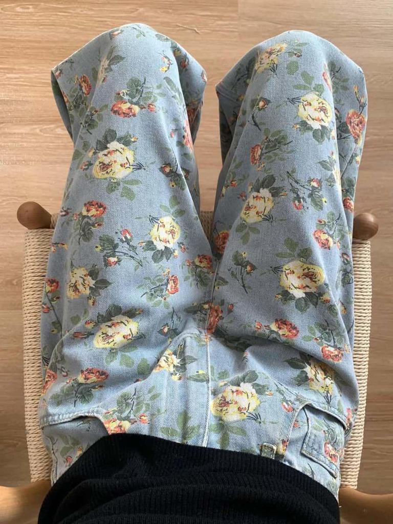 2025 Spring Floral Distressed High-Waisted Wide-Leg Jeans for Women - Slimming, Loose, Casual, Floor-Length Pants
