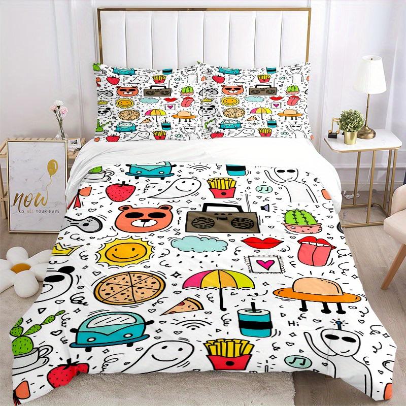 3pcs Doodle Pattern Bedding Set, Breathable and Soft, Suitable for All Seasons, Ideal for Home Use, Suitable for Bedroom Decor 21165