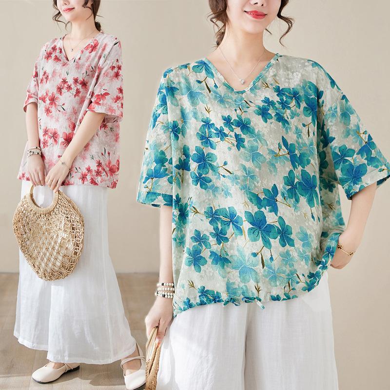 

Spring Summer Artistic Print Pullover Short Sleeved Cotton Linen Top Women s Loose V-neck T-shirt one size синій