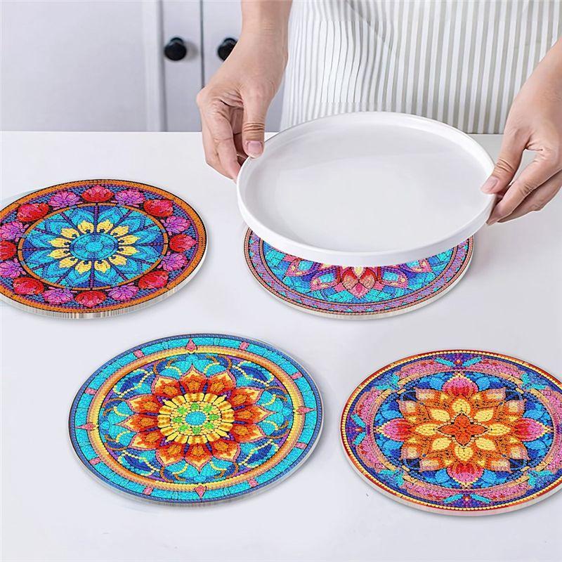 ABUL-4Pcs DIY Diamond Art Painting Placemat Round Non-Slip Acrylic Table Mats For Table Decor Easy Install A