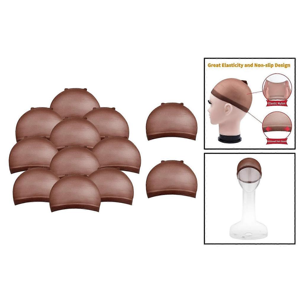12 Pcs Coffee Color Nylon Wig Hair Cap Stocking Liner Stretch for Men Women