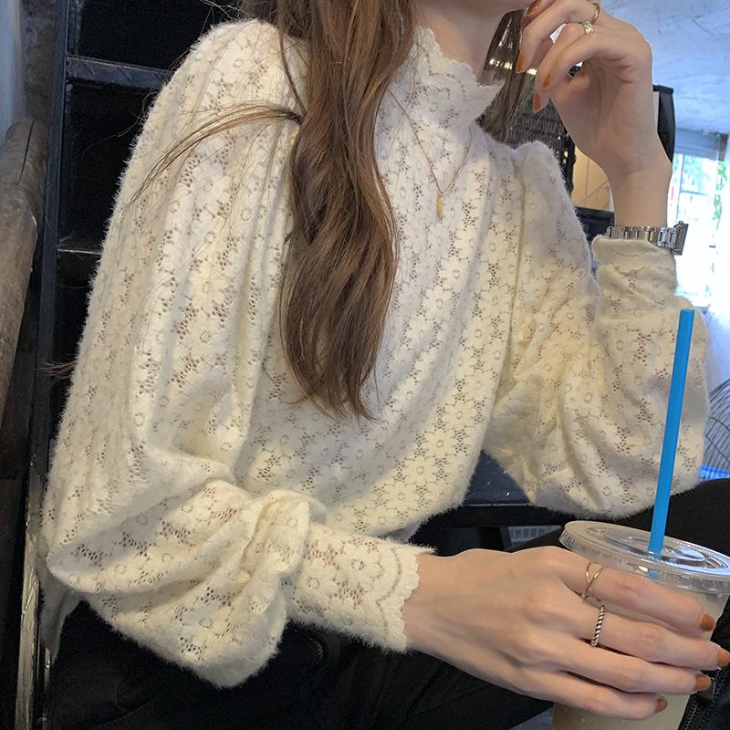 Hollow Out Frosted Lace Blouse Spring Autumn Top Women Korean Slim Fit Zippered Half High Collar Base Shirt