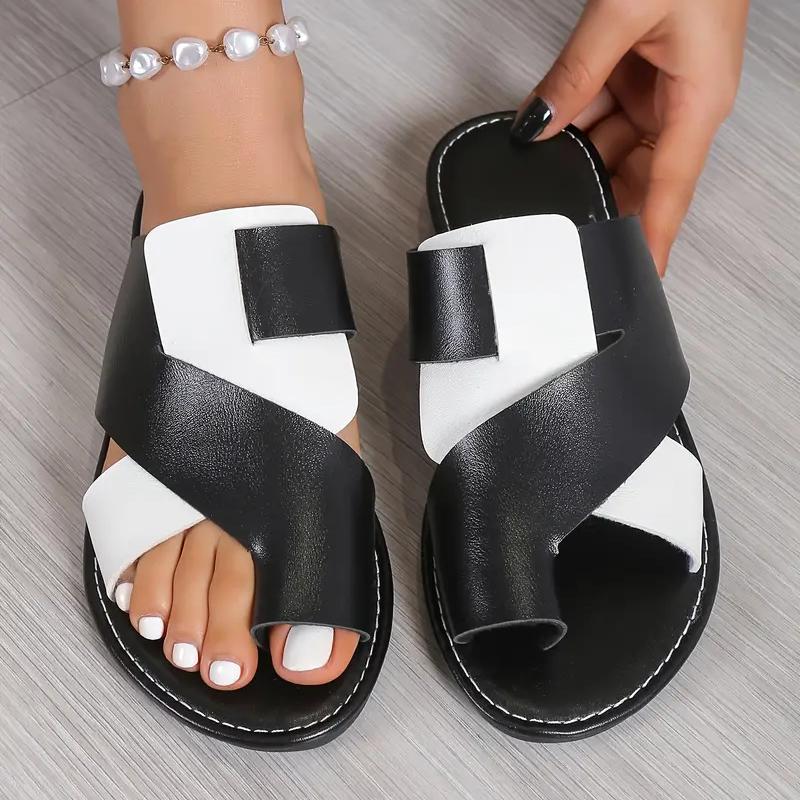 Casual Summer Slide Sandals with Contrast Color and Loop Toe Design