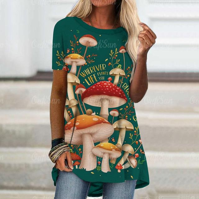 Πολύχρωμο γυναικείο μπλουζάκι με στάμπα με μανιτάρια Summer O Neck Loose κοντομάνικο μπλουζάκια για γυναικεία Street Casual Tees Γυναικεία καθημερινά ρούχα