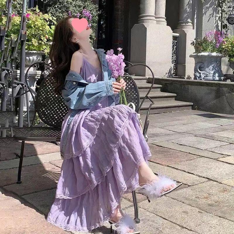 Women's French Purple Petite Camisole Dress – Summer Beach Vacation Long Dress