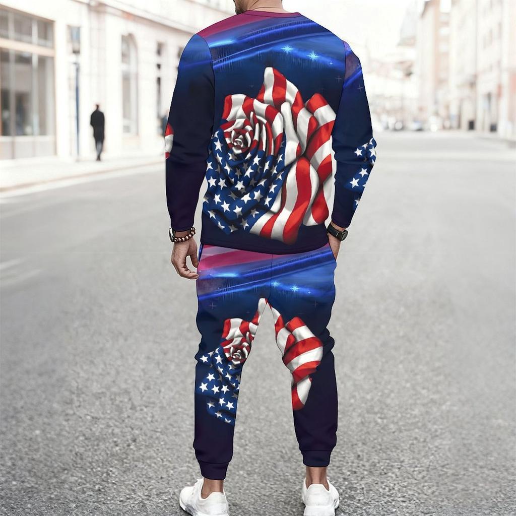 Men White All Over Mini American Flag Star Print Long Sleeve Sweatshirt And Drawstring Jogger Pants Two Piece Suit