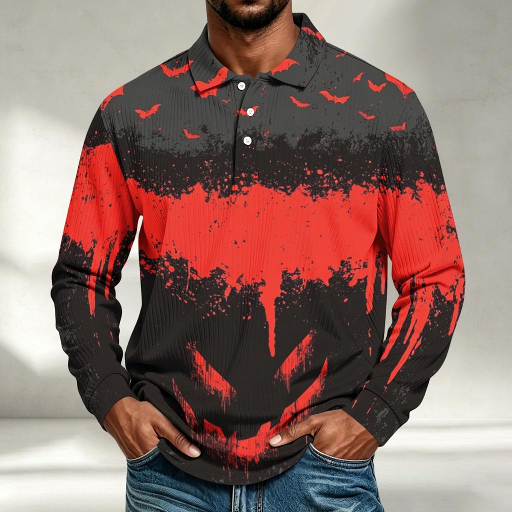 Men's Casual Loose Fit Long Sleeve Shirt with Halloween Print
