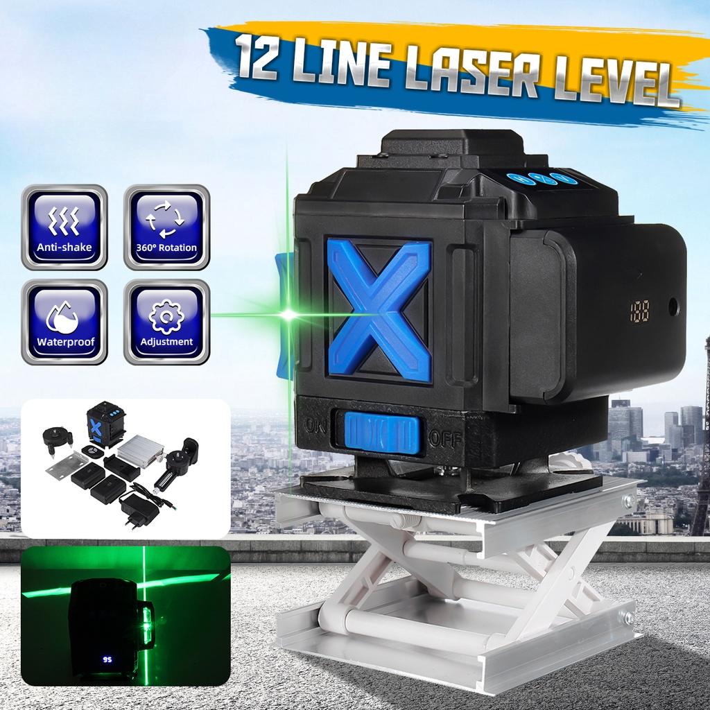 12 Lines 3D 360 Laser Level Self-Leveling Horizontal And Vertical Powerful Cross Green Lines With 2 Batteries New