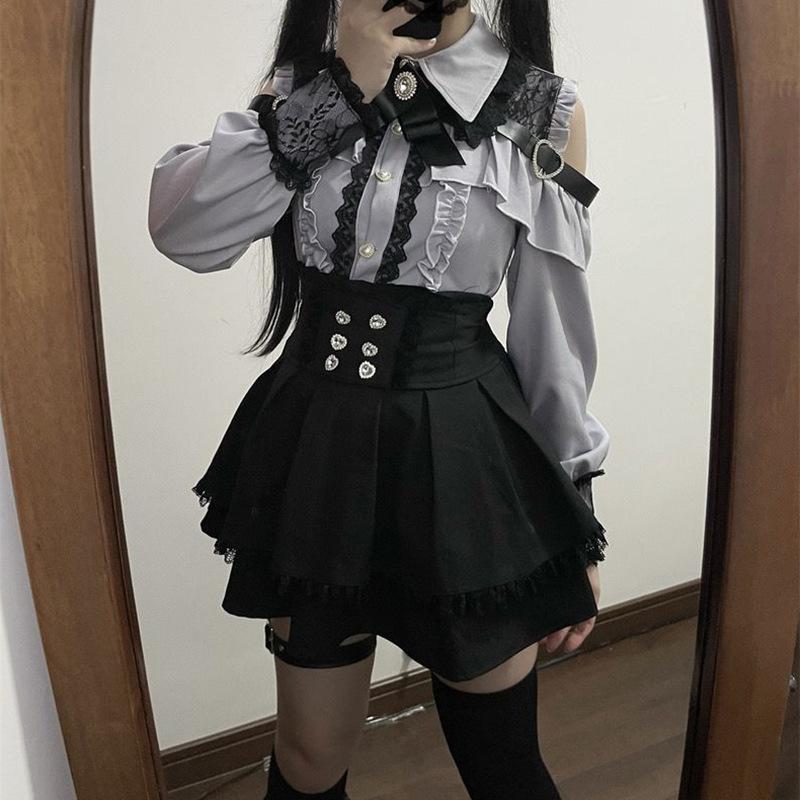 Japonský černý set krátkých sukní Gotické volánové minisukně Sexy krajkové košile Lolita šaty Y2k Estetický oblek