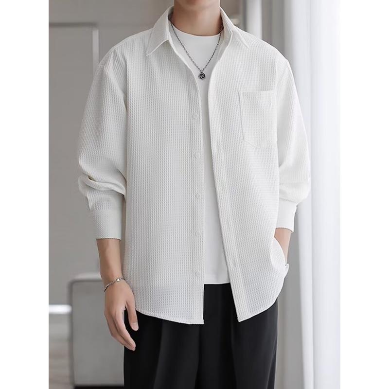 

Мужская рубашка с длинным рукавом, однотонная, в корейском стиле, свободная и драпирующаяся, весенне-осенняя новинка, куртка, тонкий стиль, трендовая L белый