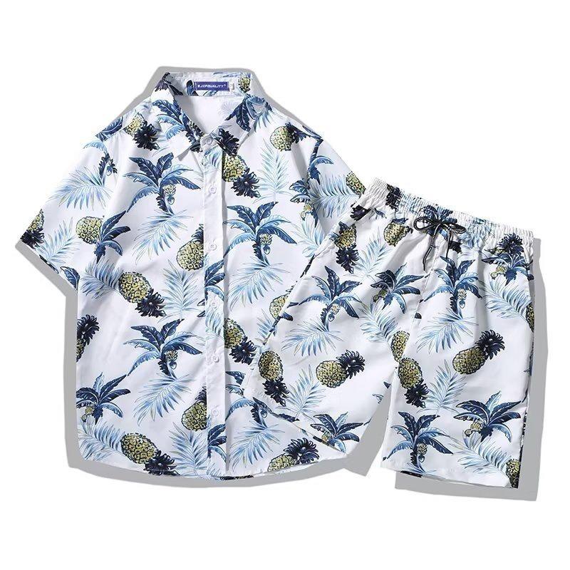 Men's Retro Floral Short-Sleeve Shirt & Beach Shorts Set for Seaside Vacations