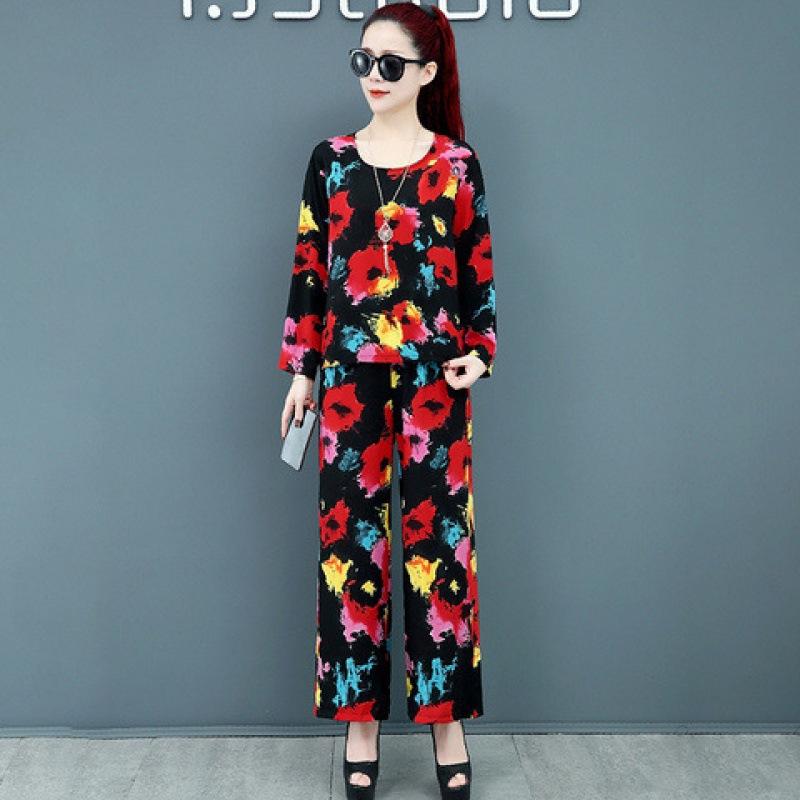 Plus Size Women's Spring and Summer Fashion Four-way Elastic Two-piece Set with Nine-quarter Sleeves Multi-color Loose Version Trend Suit
