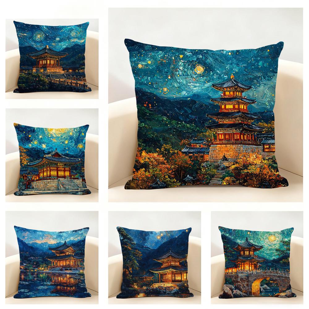 Korea Foguo Temple Cushion Cover Linen Pillowcase Soft for Sofa Bed Home Room Decor