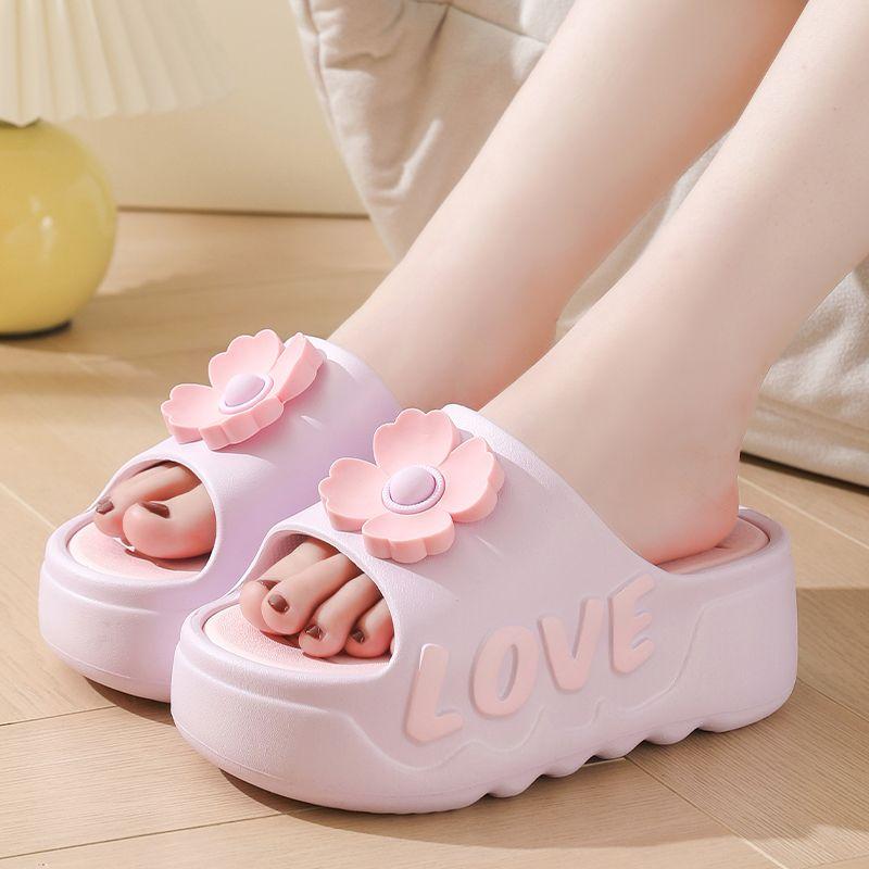 Fashion New pink flower high heel slipper women's outdoor slides sweet backless beach shoes woman flat platform mules elevator slippers