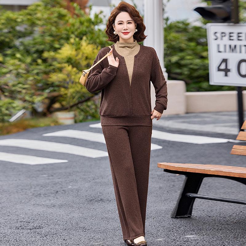 

Color-Blocked Slimming Two-Piece Suit: Spring/Autumn Style for Middle-Aged and Elderly Women 2XL (110-125 kg) коричневий