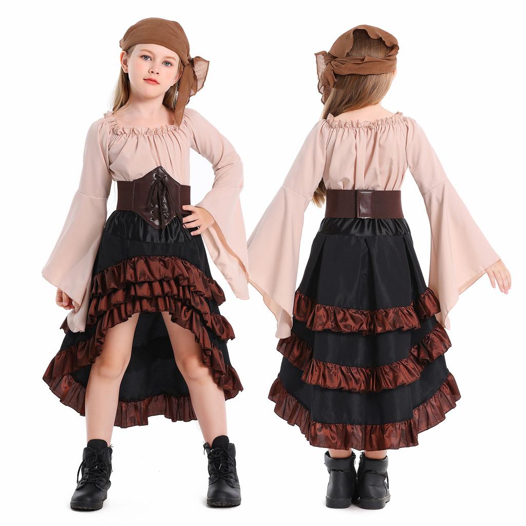 Středověký pirátský rodinný kostýmový set s volánovými dlouhými šaty pro Halloween Cosplay