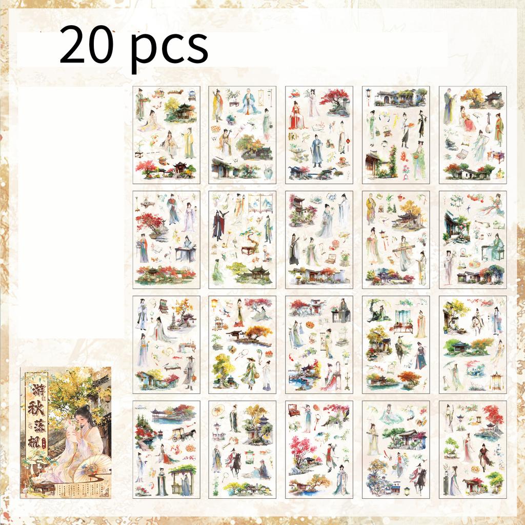 20 Sheets Traditional Ink Wash Character Landscape Sticker, Ancient Chinese Art Decorative Paper Craft Kit,for DIY Projects