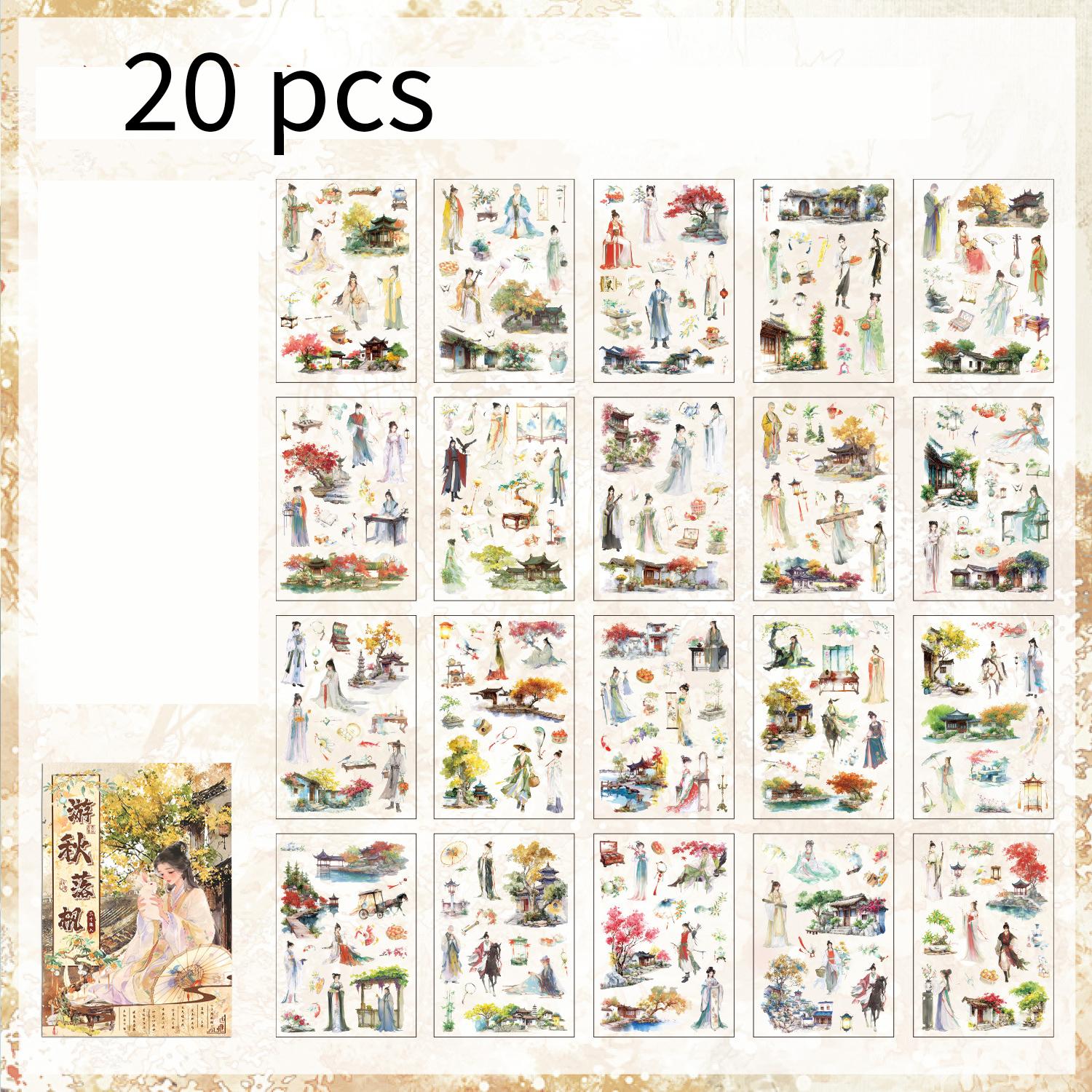 

20 Sheets Traditional Ink Wash Character Landscape Sticker, Ancient Chinese Art Decorative Paper Craft Kit,for DIY Projects