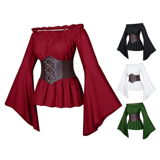 Top da donna con corsetto medievale pirata spalle scoperte maniche svasate irregolari camicetta orlo a petalo festival performance costume cosplay