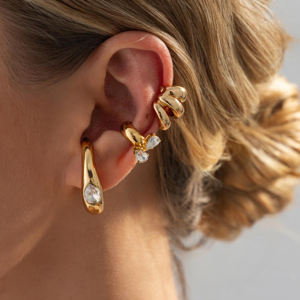 Salircon 3 Pcs/Set Trendy Vintage Gold Color C-shaped Clip Earrings Women's Unique Creative Rhinestone Piercing Earrings Jewelry