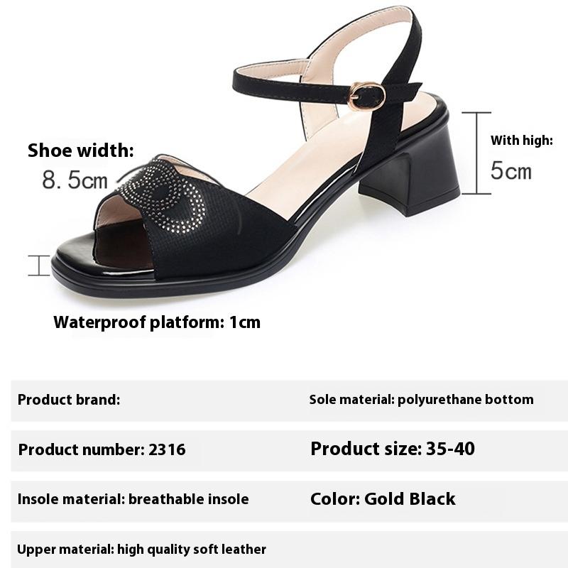Women's Sandals with Rhinestones for Summer, Comfortable, Middle-aged and Casual, Mid-heeled, Thick-heeled, Fashionable High-heeled Shoes