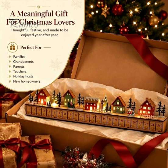 Holiday Countdown Calendar with Drawers Light-Up Wooden Christmas Village Advent Calendar, 24 Illuminated Snowy Cabin Display LED Lighted Scene